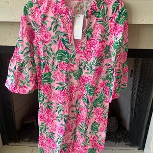 Lilly Pulitzer Pink Floral Mini Dress with Green Leaf Print (NWT)